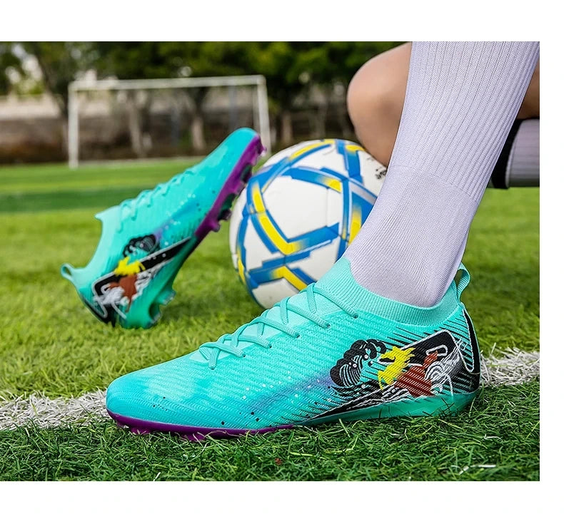 Light blue soccer cleats with vibrant graphic design and non slip sole on grass field — view 29 — view 10