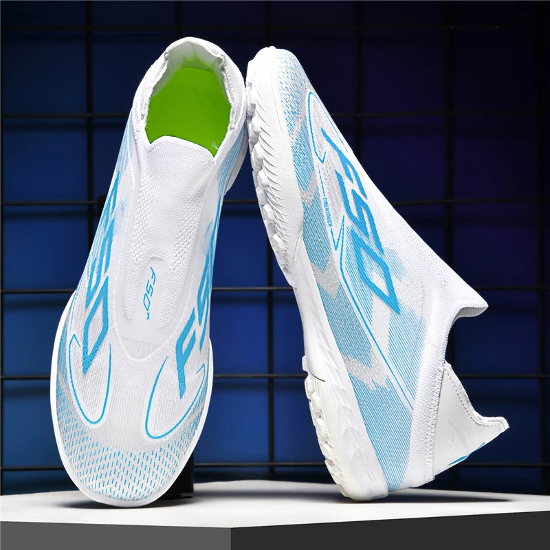 White and blue non slip soccer cleats with a lightweight design, displayed on stand — view 18 — view 10