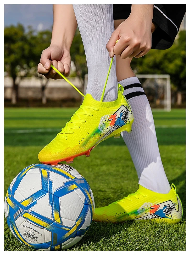 Bright yellow soccer cleats with colorful design, worn on grass field — view 33 — view 11