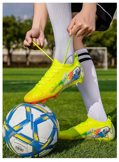Bright yellow soccer cleats with colorful design, worn on grass field — view 33 — view 11