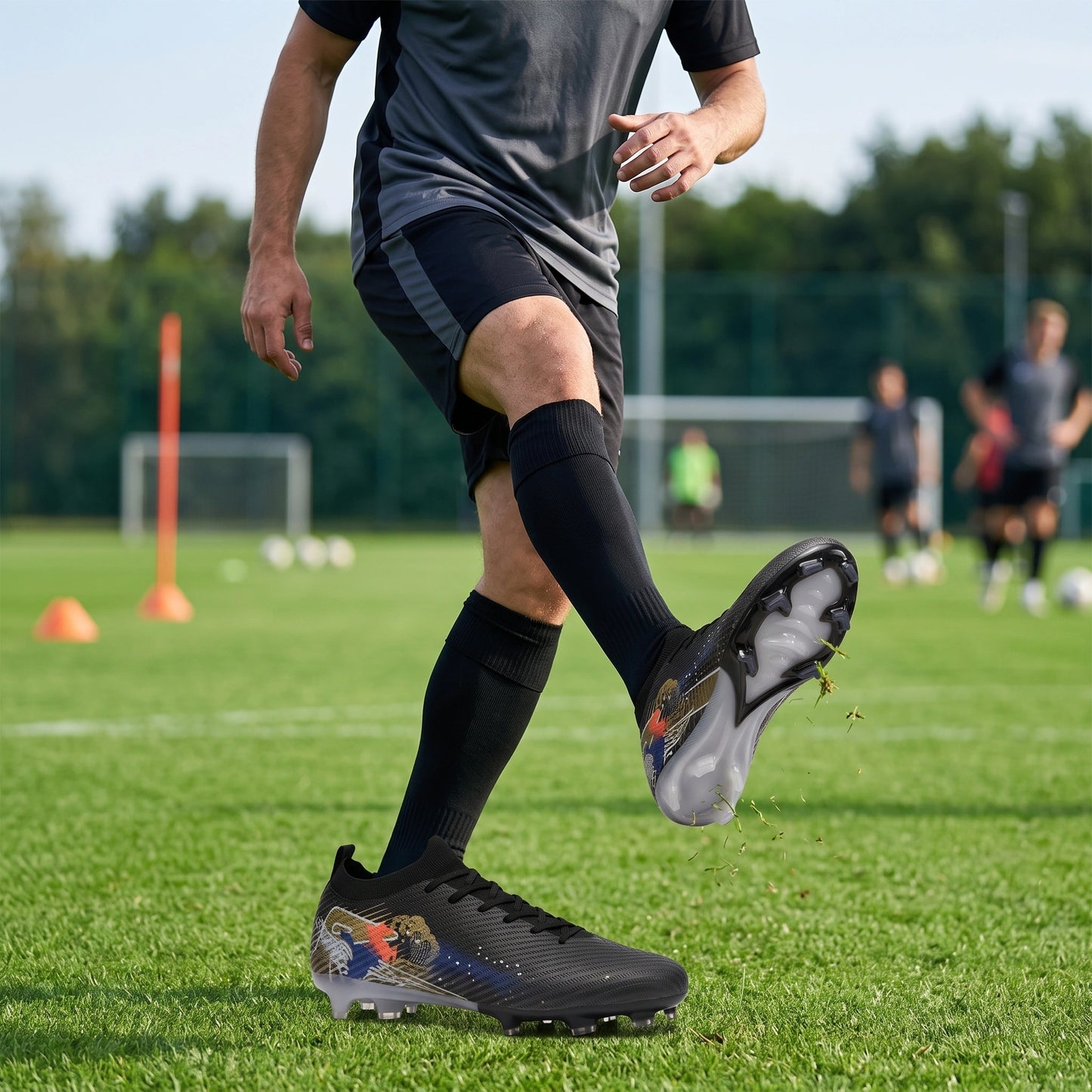 Close up view showing the ultralight fabric and precise stitching of non slip soccer cleats, their quality — view 12
