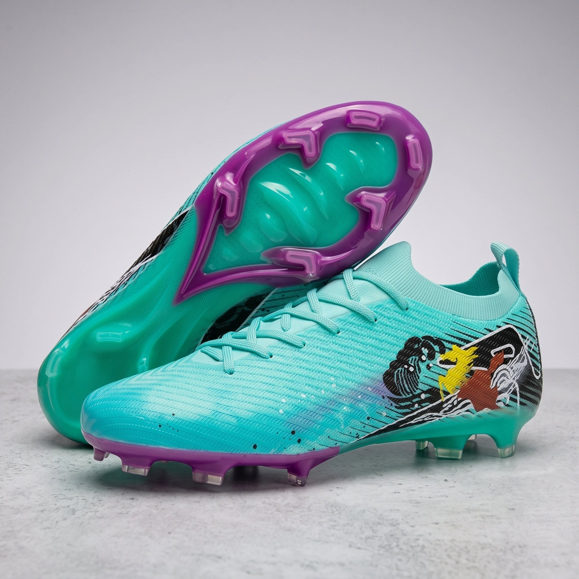 Close up view of the ultralight non slip soccer cleats showing detailed stitching and breathable fabric, their — view 15