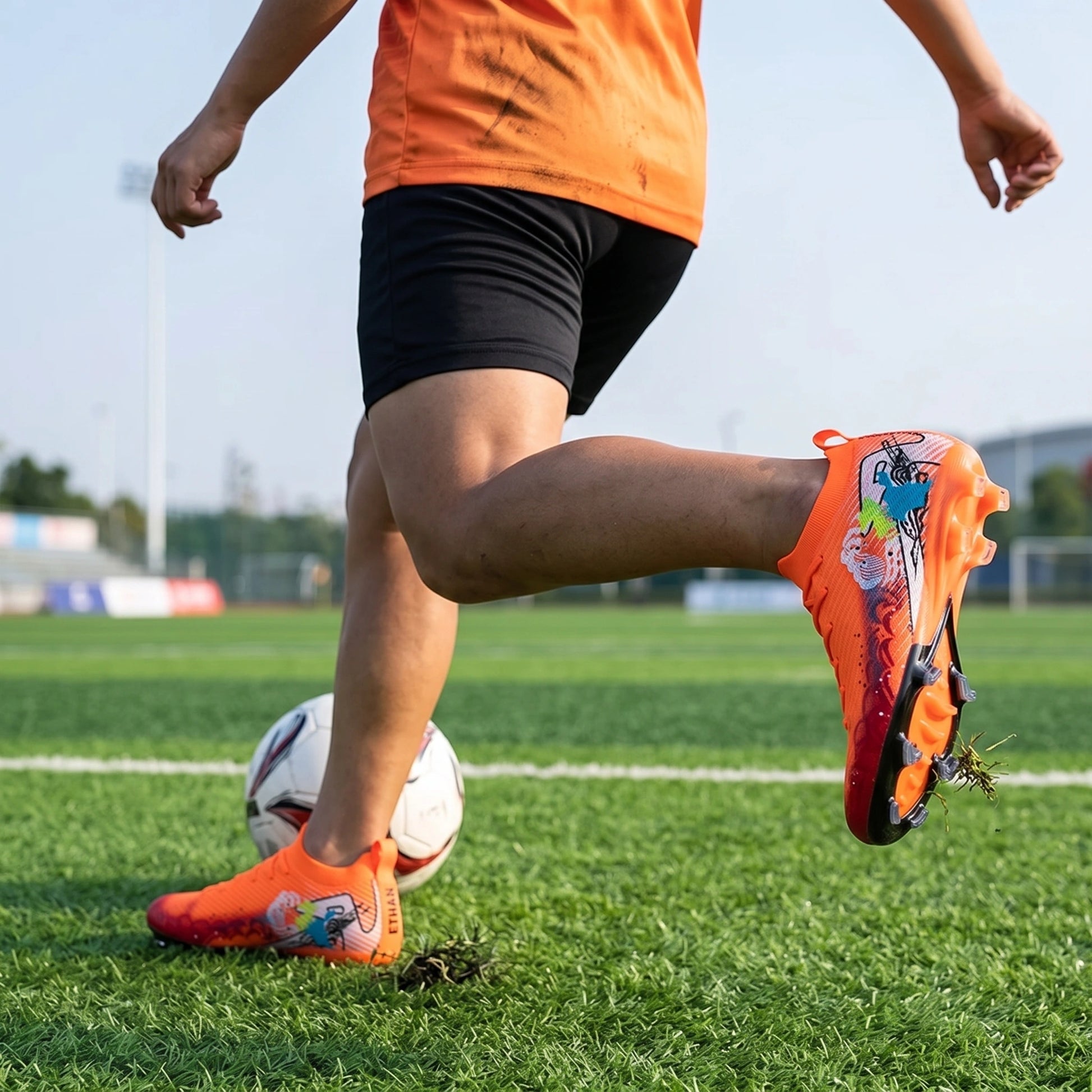 Close up view of the ultralight non slip soccer cleats showing intricate stitching and breathable fabric — view 17