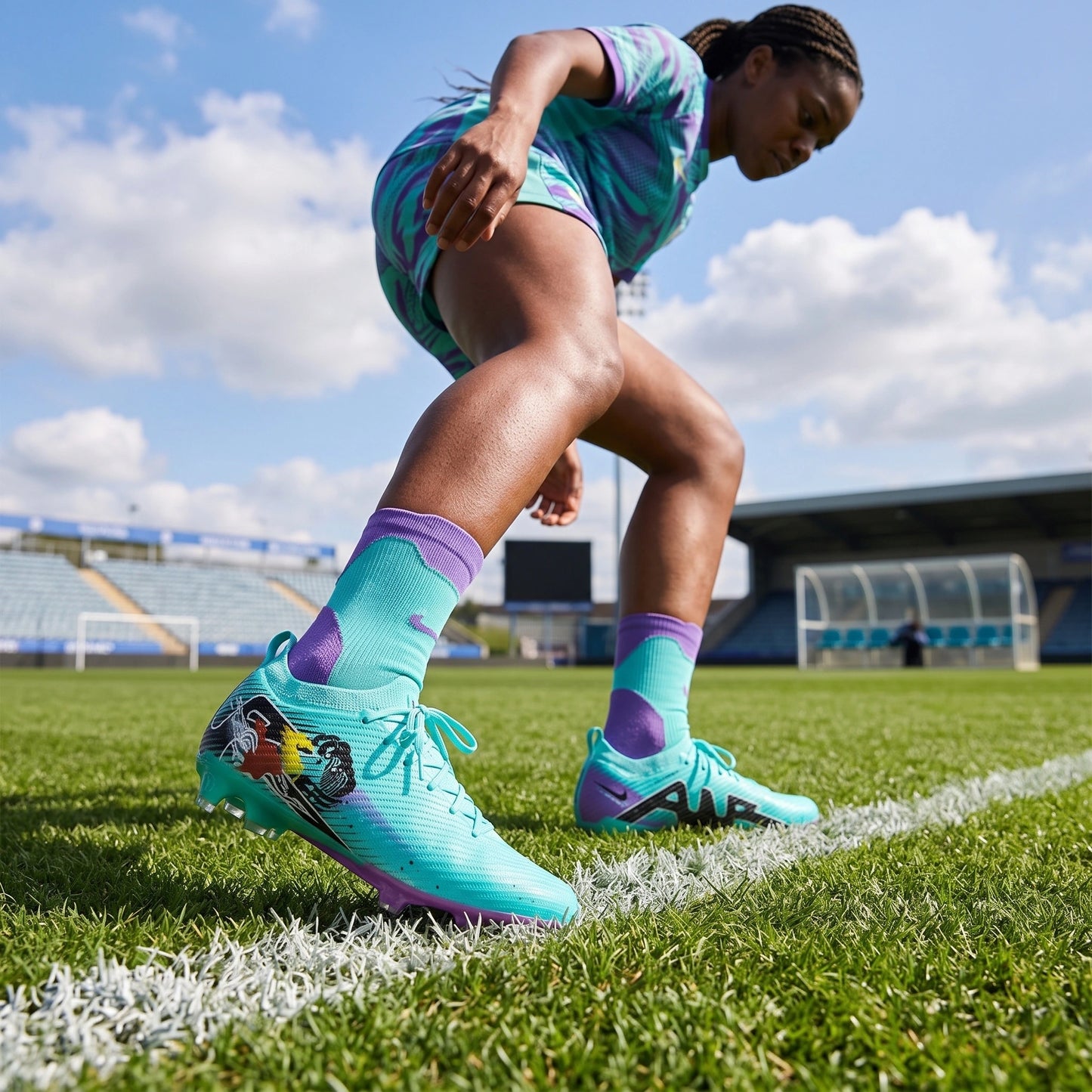 Close up view of the ultralight non slip soccer cleats showing durable fabric, precise stitching, and textured grip — view 18