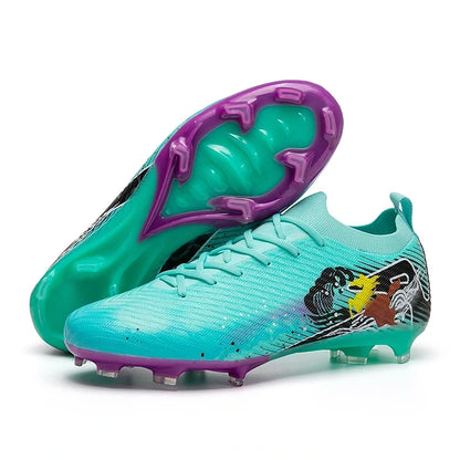 Turquoise soccer cleats with colorful design and purple non slip soles, side view — 10 — view 4