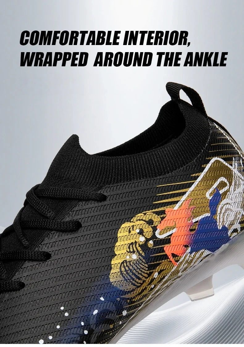 Black soccer cleats with colorful graphic design, non slip texture, close up view — 20 — view 9