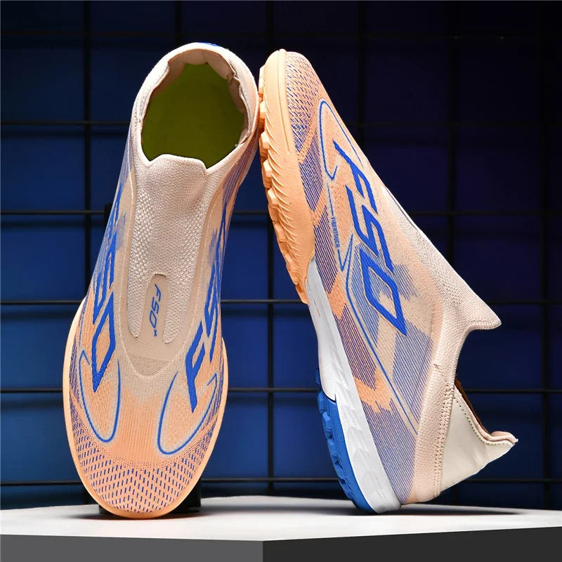 Ultralight non slip soccer cleats with a beige and blue design, showcasing textured sole — view 16 — view 9