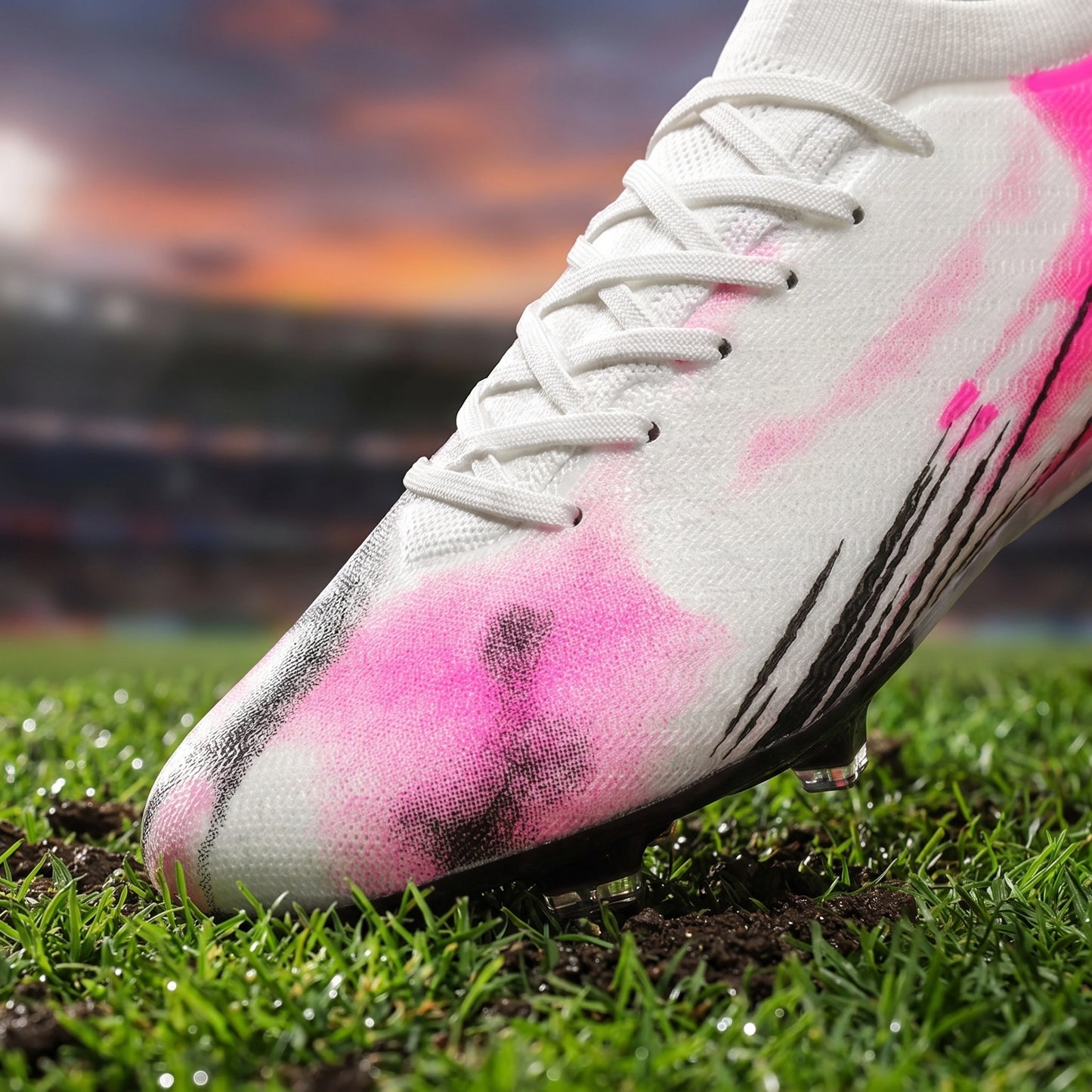 A model showcases the lightweight breathable soccer cleats in full front view, styled with athletic shorts and fitted jersey
