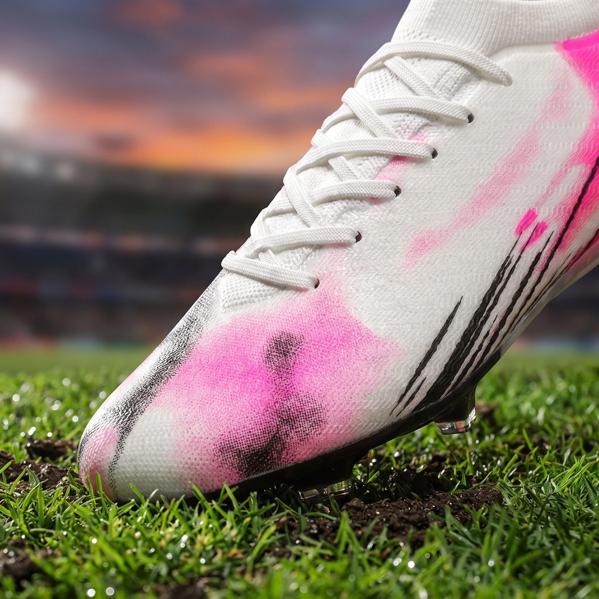 A model showcases the lightweight breathable soccer cleats in full front view, styled with athletic shorts and fitted jersey