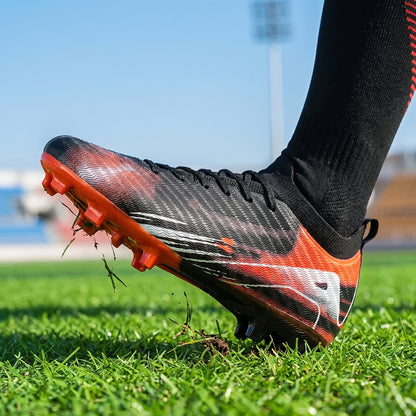 Close up view of the lightweight breathable soccer cleats showing intricate stitching and high quality microfiber — view 4
