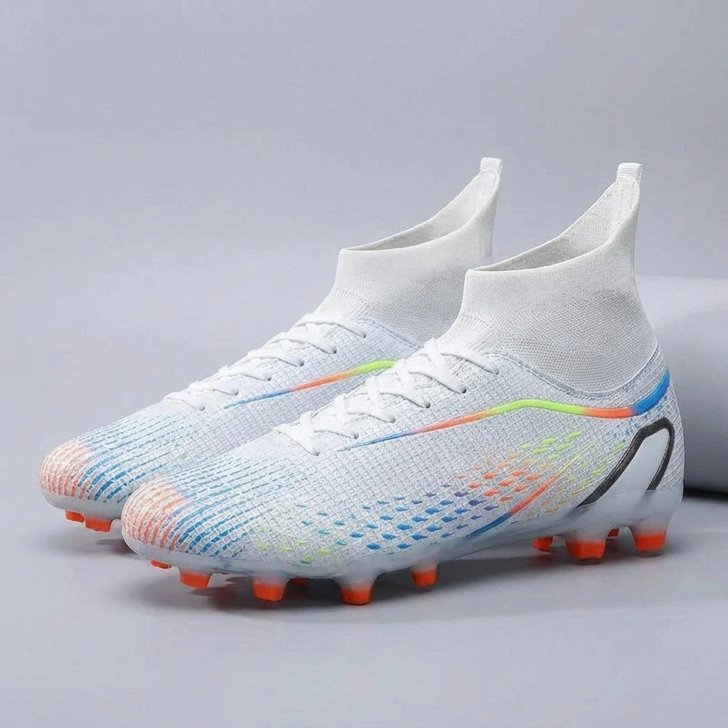 White high cut soccer cleats with colorful accents and textured design, angled view — 2 — view 2