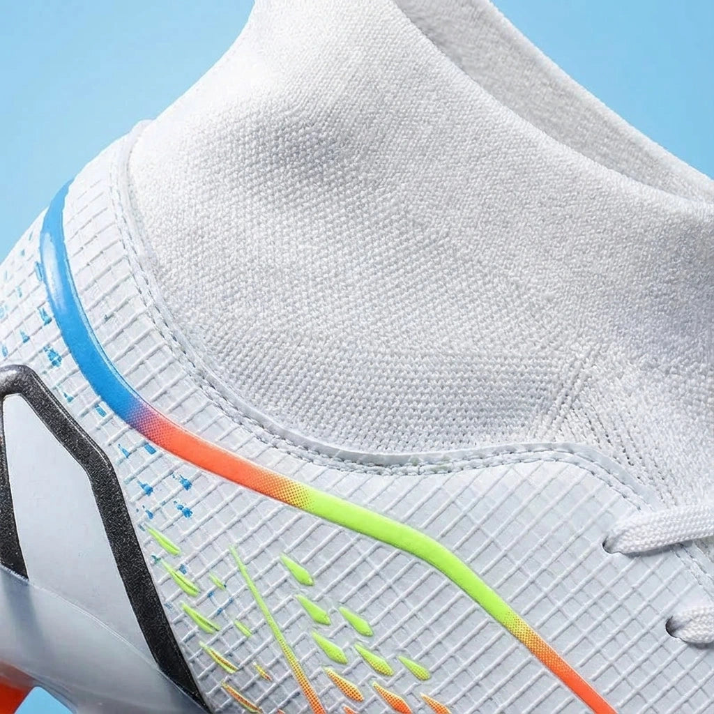 White high cut soccer cleats with colorful accents and textured design, close up view — 3 — view 3