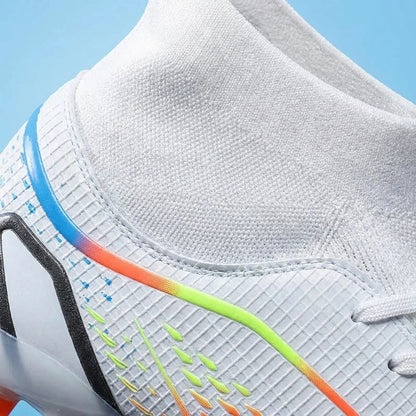 White high cut soccer cleats with colorful accents and textured design, close up view — 3 — view 3