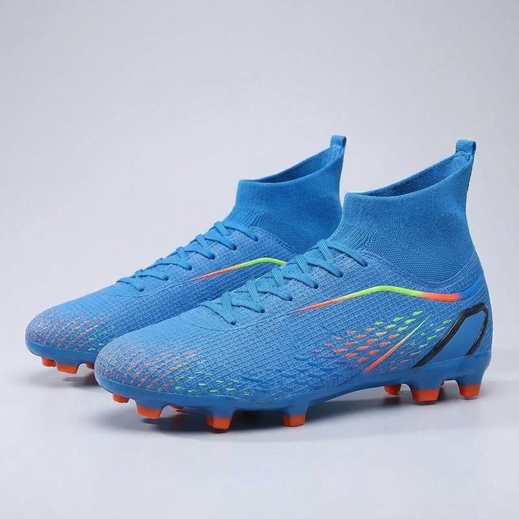 Blue high cut soccer cleats with textured design and orange studs, angled view — 6 — view 6