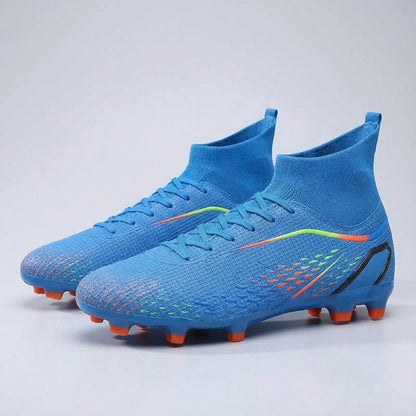 Blue high cut soccer cleats with textured design and orange studs, angled view — 6 — view 6