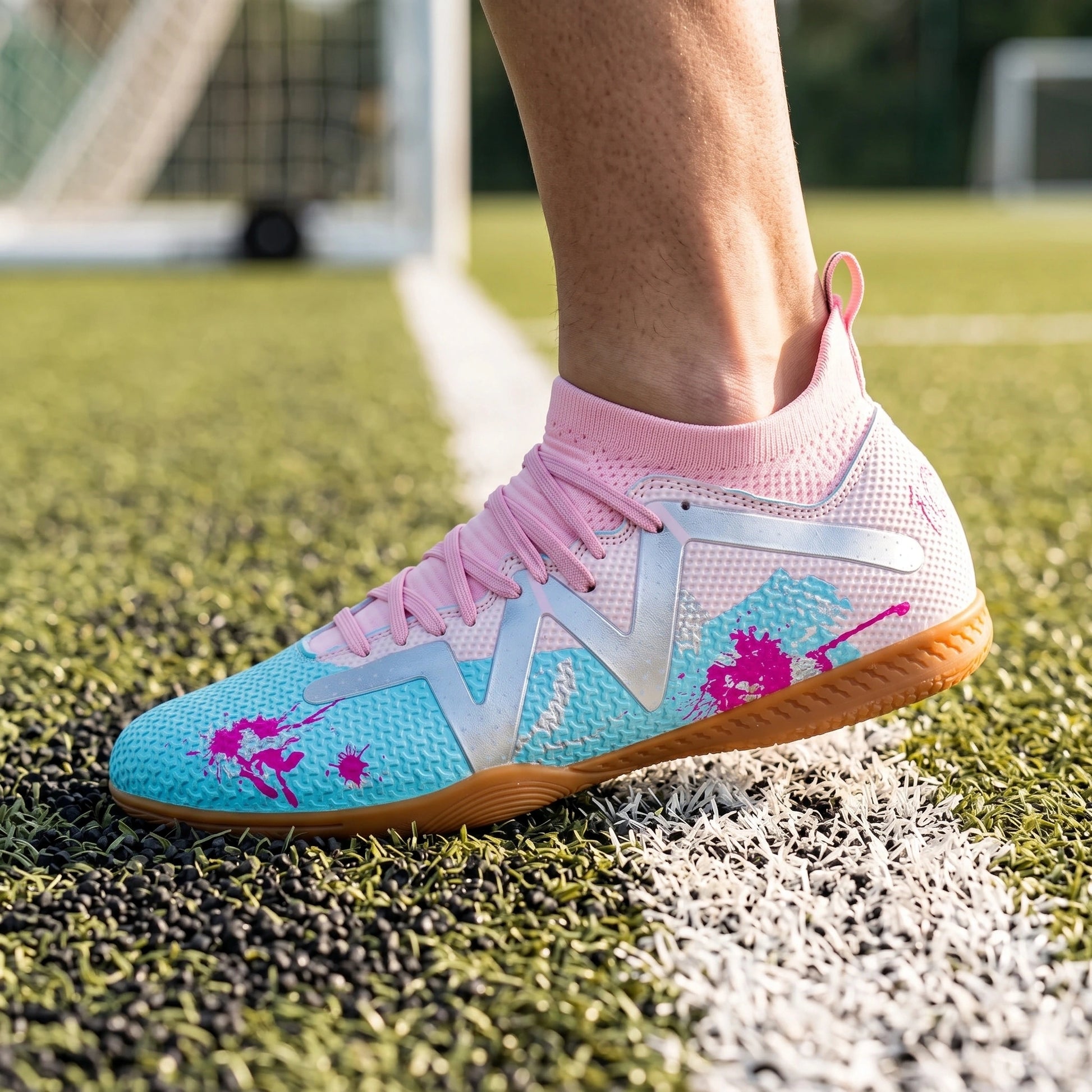 Close up view of the durable Pu upper comfortable soccer cleats, showing intricate stitching and texture against a — view 14