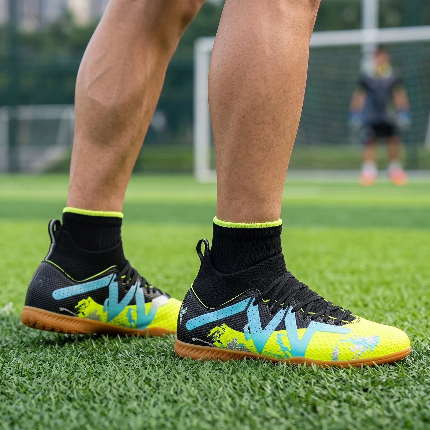 Close up view of the comfortable durable soccer cleats showing high quality Pu upper, intricate stitching details — view 15