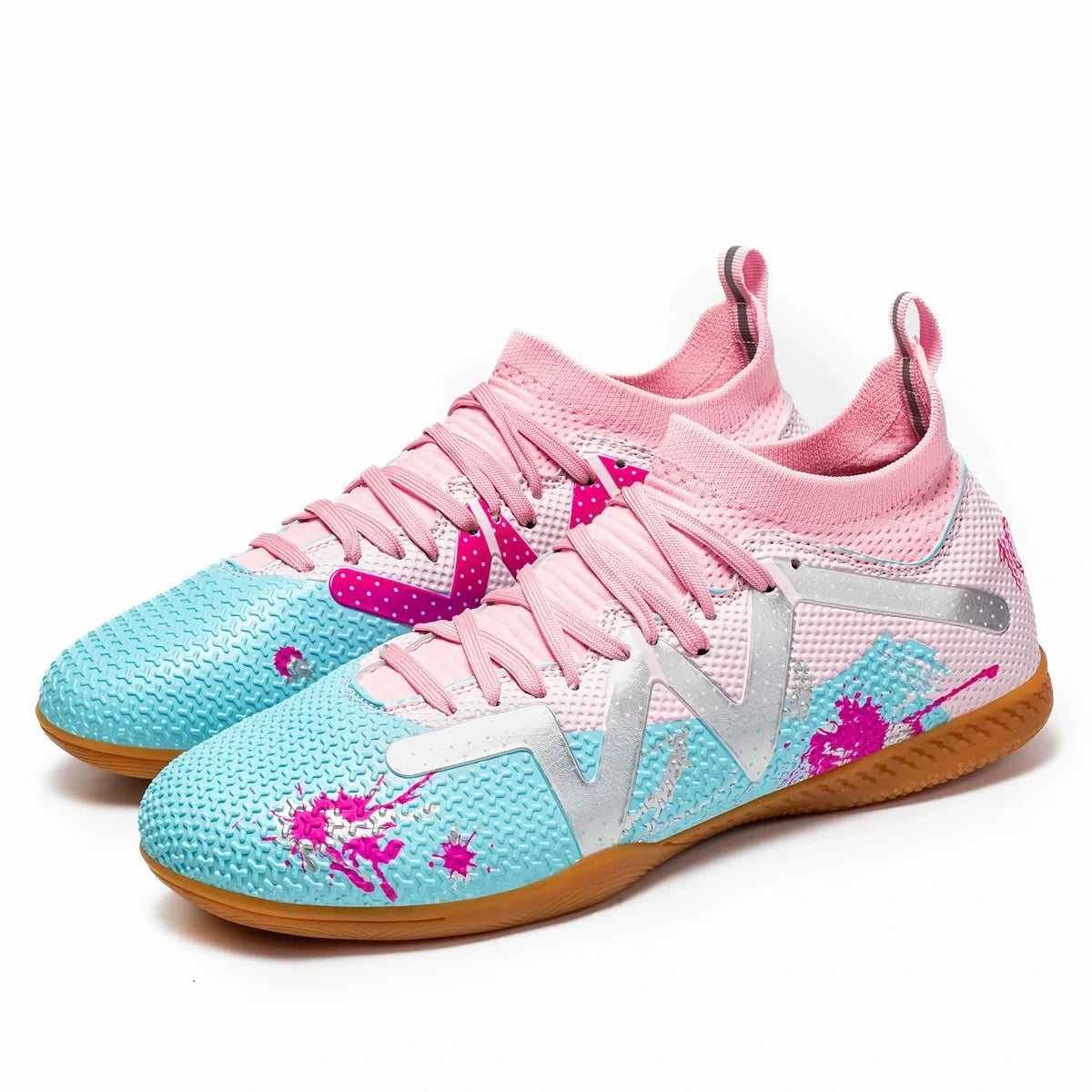 Pink and blue soccer cleats with textured surface floral accents, angled view — 9 — view 3