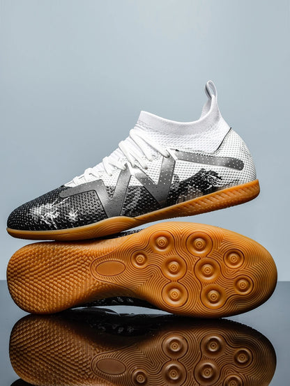 White and black soccer cleats with textured sole lace up design, side view — 16 — view 7