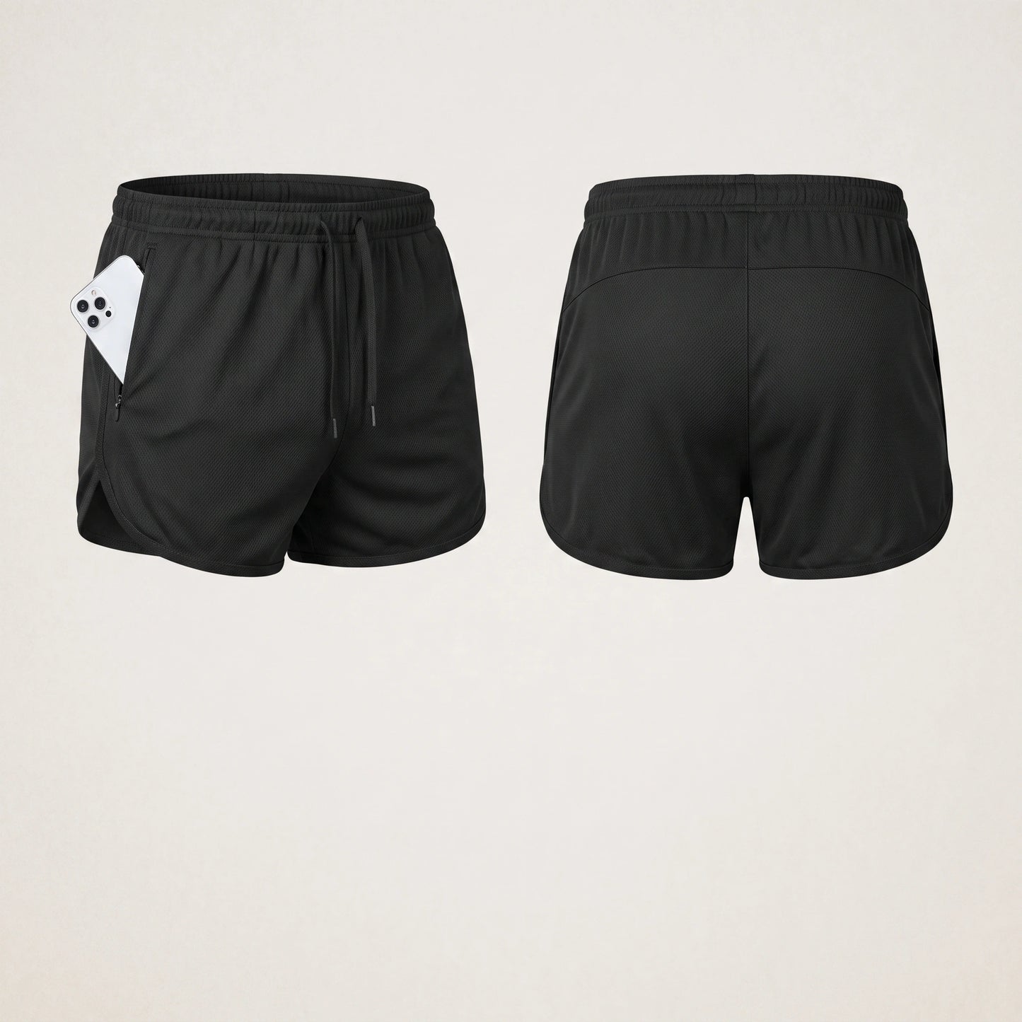 Close up view of the lightweight quick drying polyester fabric soccer shorts, showing fine stitching and breathable texture