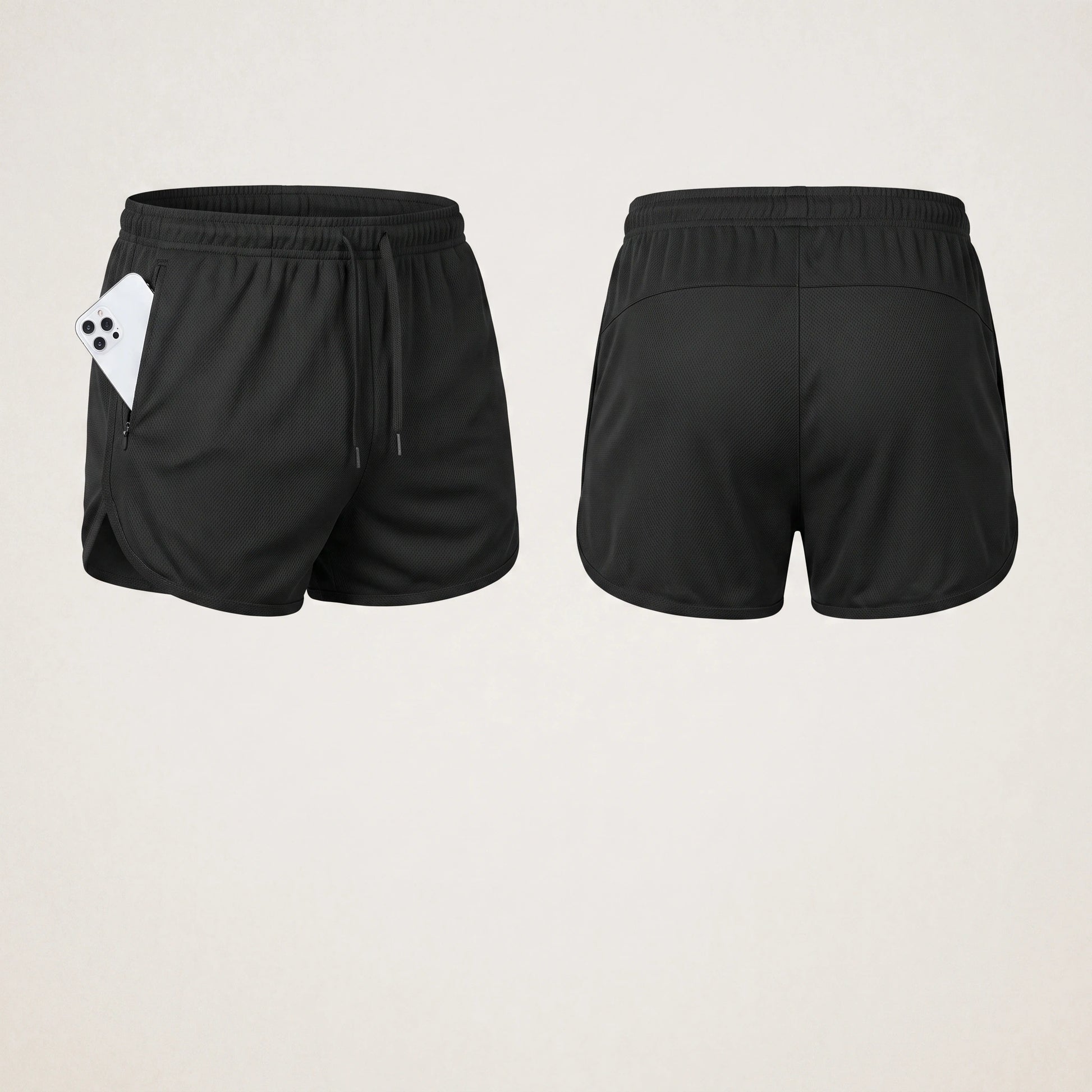 Close up view of the lightweight quick drying polyester fabric soccer shorts, showing fine stitching and breathable texture