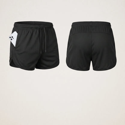 Close up view of the lightweight quick drying polyester fabric soccer shorts, showing fine stitching and breathable texture