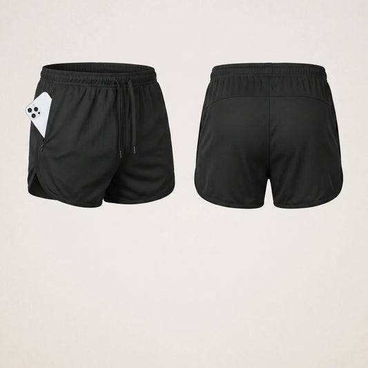 Close up view of the lightweight quick drying polyester fabric soccer shorts, showing fine stitching and breathable texture