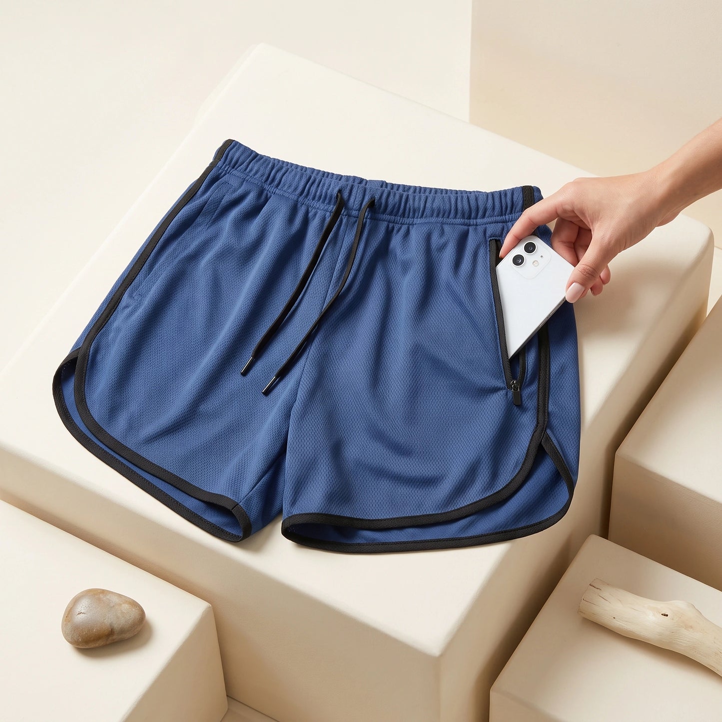 soccer shorts — Close up view of lightweight quick drying polyester fabric showing fine stitching and breathable — view 10