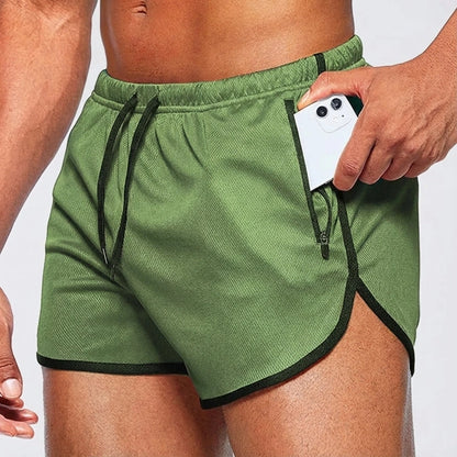 Green lightweight quick drying soccer shorts with black trim and zippered pocket, close up view — 9 — view 8