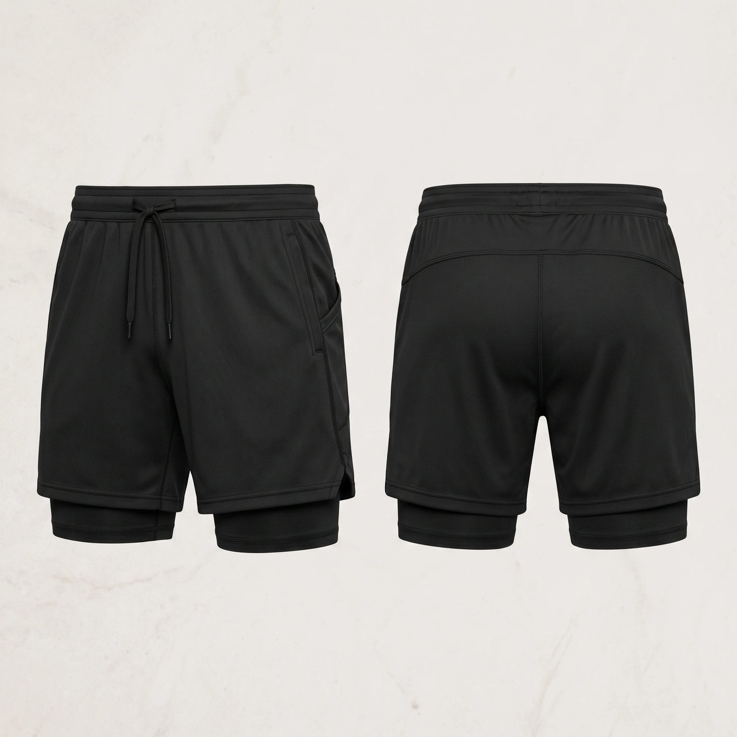 Close up view of the breathable fabric and precise stitching men's double layer soccer shorts, showing their quality