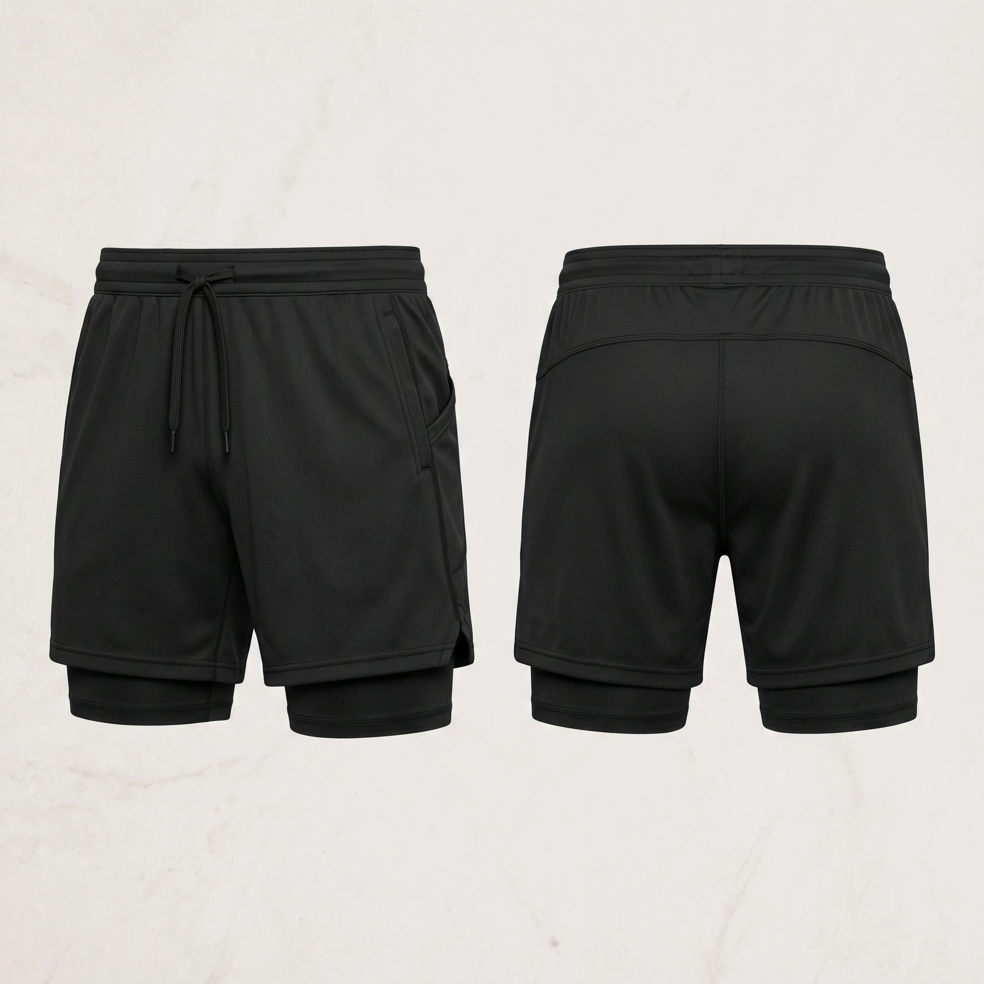 Close up view of the breathable fabric and precise stitching men's double layer soccer shorts, showing their quality