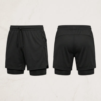 Close up view of the breathable fabric and precise stitching men's double layer soccer shorts, showing their quality