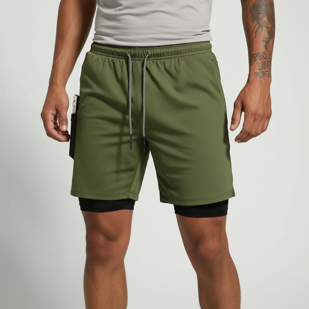 Olive green breathable double layer soccer shorts with drawstring waist, front view — 11 — view 10