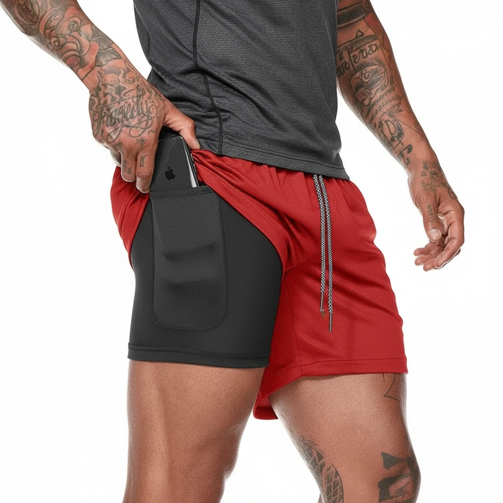 Red and black double layer soccer shorts with side pocket, close up view — 12 — view 11