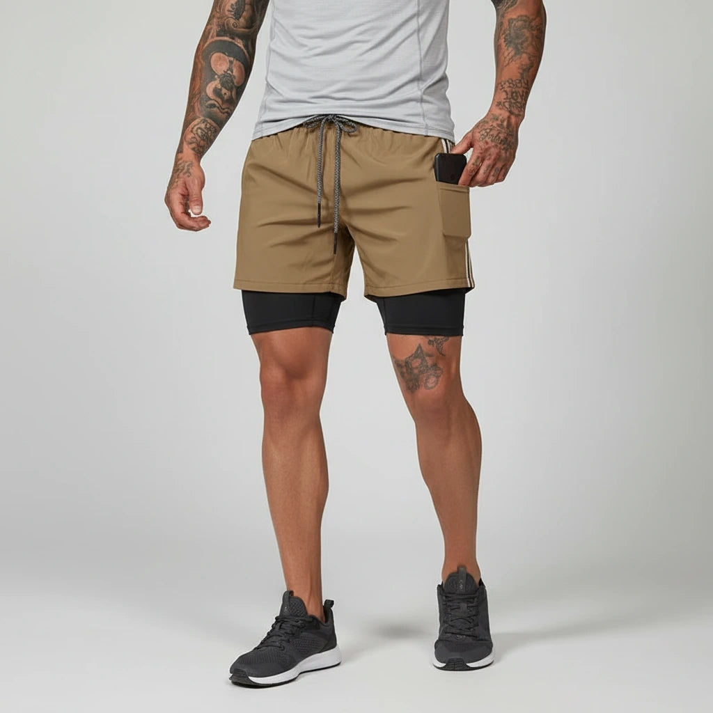 Tan breathable double layer soccer shorts with black inner featuring a side pocket — view 13 — view 12