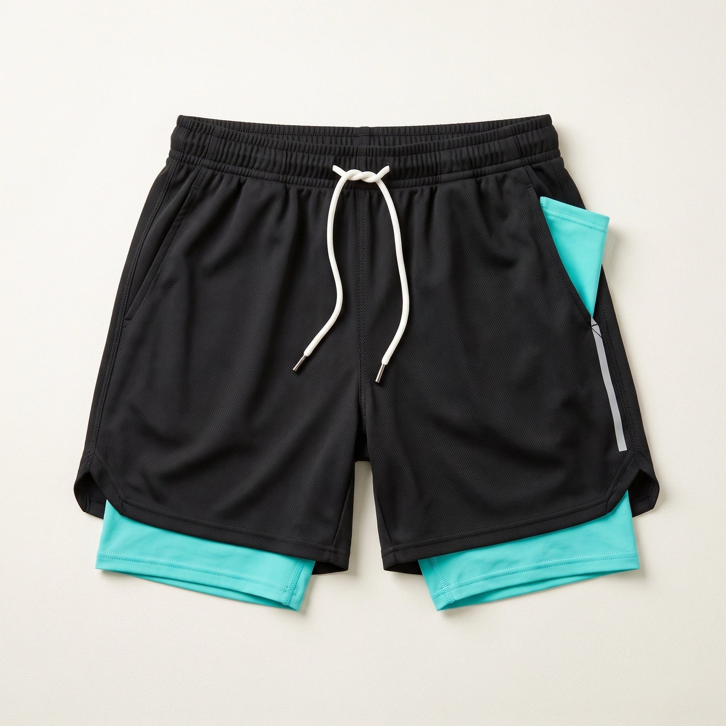 Close up view of the breathable double layer fabric and stitching men's soccer shorts, showing their quality — view 13