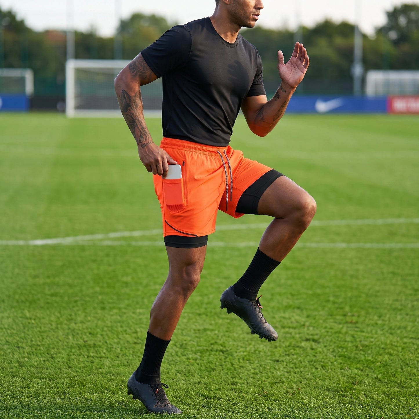 Close up of the breathable fabric and precise stitching men's double layer soccer shorts, showing their quality — view 14