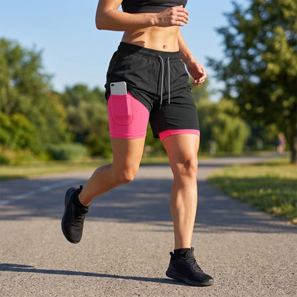 Close up view of the breathable fabric and precise stitching men's double layer soccer shorts in a colorful — view 15