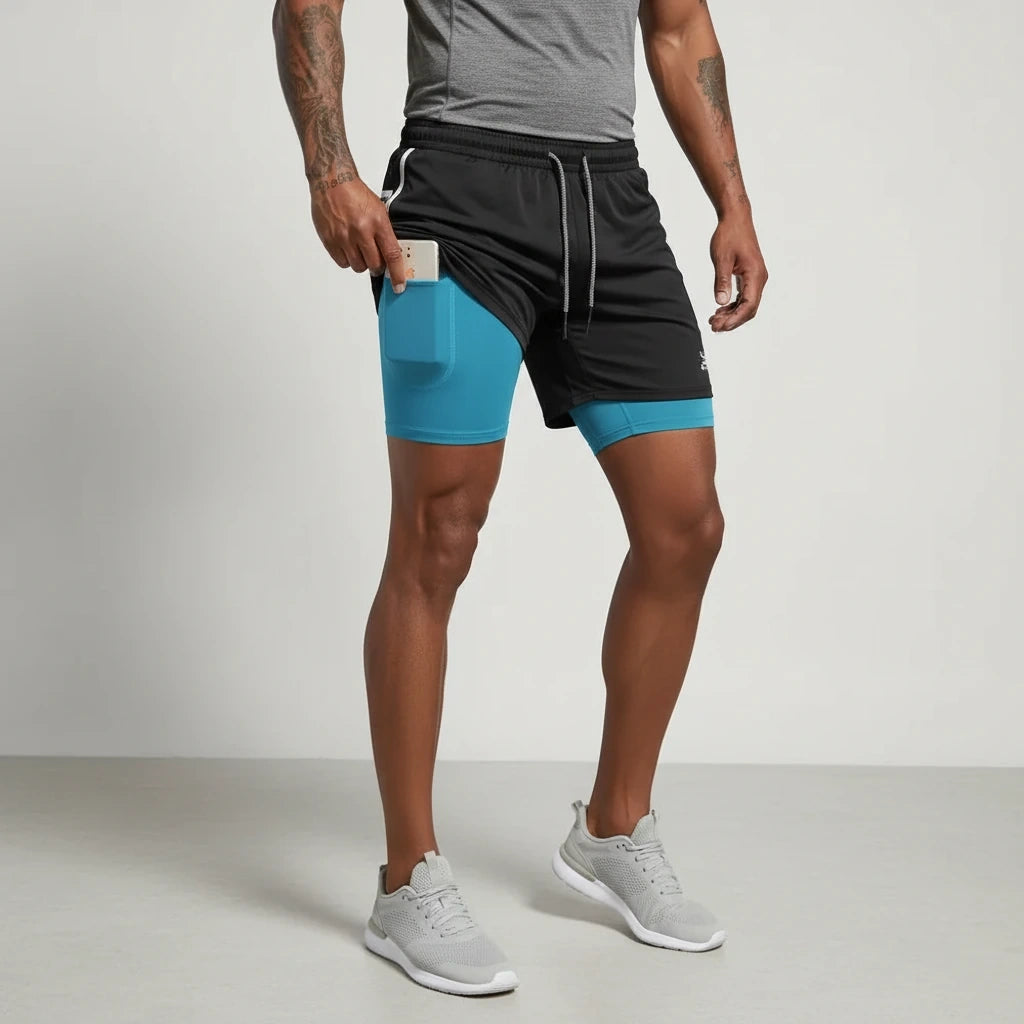 Black and teal double layer soccer shorts with side pocket, worn — view 7 — view 6