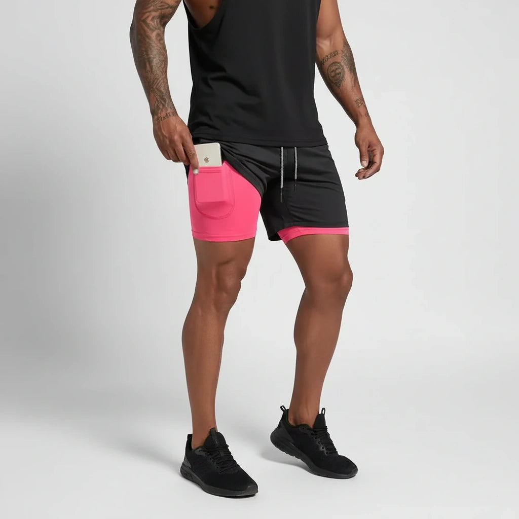 Black and pink breathable double layer soccer shorts with a phone pocket, worn — view 8 — view 7
