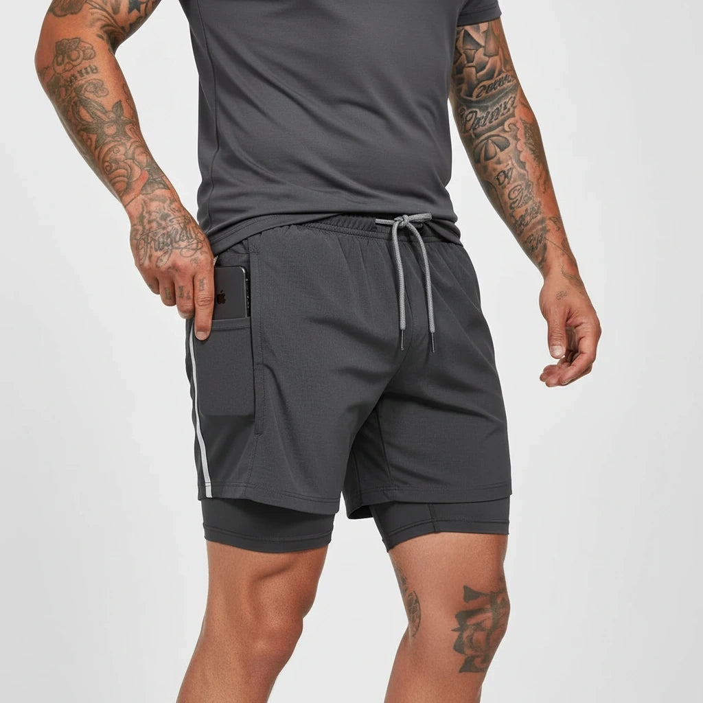 Gray breathable double layer soccer shorts with side pocket and drawstring waist — view 9 — view 8
