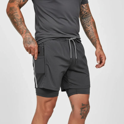 Gray breathable double layer soccer shorts with side pocket and drawstring waist — view 9 — view 8