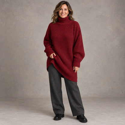 sweater dress — Complete full front color view; Bordeaux Red celeste; happy adult model in Usacanada — view 5