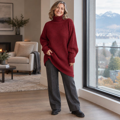 sweater dress — Complete garment; Bordeaux Red celeste; happy adult model in Usacanada October–December winter — view 8
