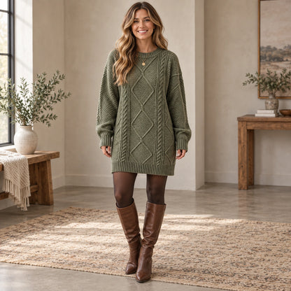 sweater dress — Complete full front view; Green emma garment worn by a happy adult model — view 2