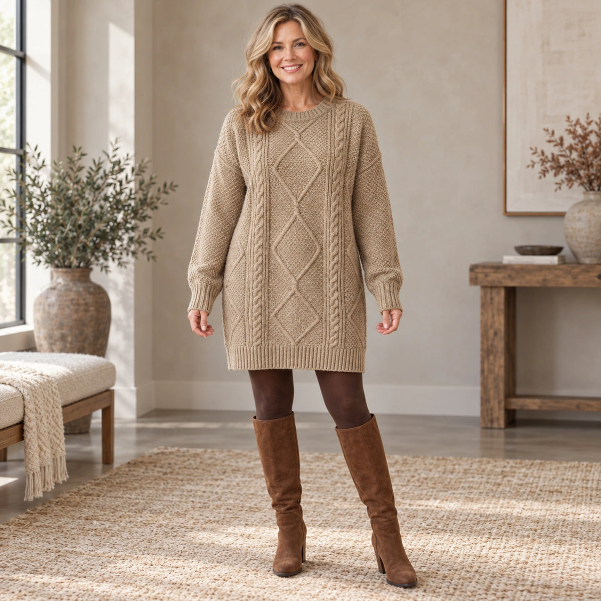 sweater dress — Complete full front view; Khaki emma garment worn by a happy adult model — view 3