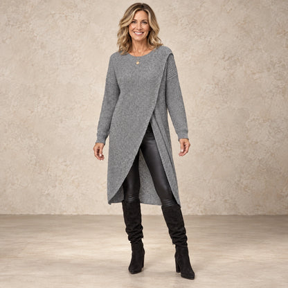 sweater dress — Image; complete full front view; Gray lina garment worn by a happy adult model