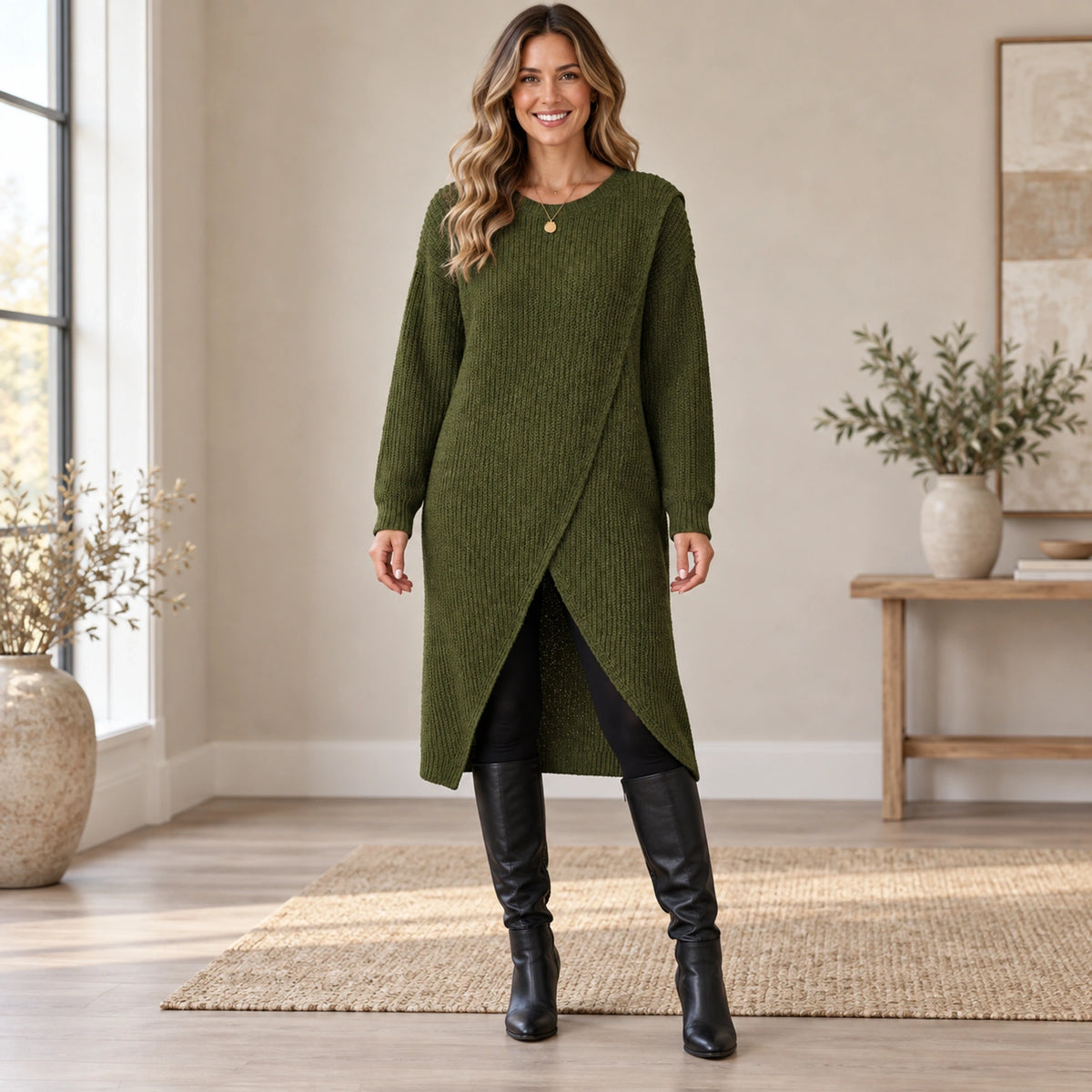 sweater dress — Complete full front view; Green lina garment worn by a happy adult model — view 2