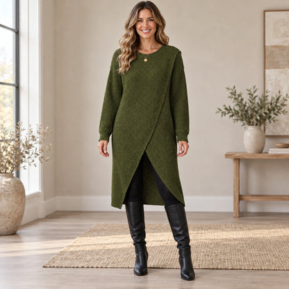 sweater dress — Complete full front view; Green lina garment worn by a happy adult model — view 2