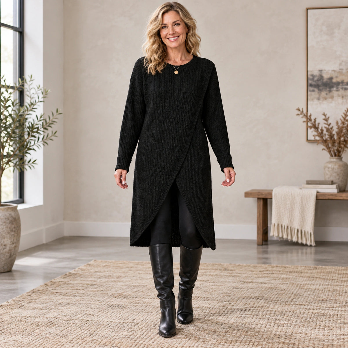 sweater dress — Complete full front view; Black lina garment worn by a happy adult model — view 3